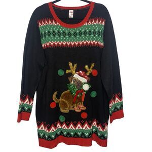 Holiday Time Sweater Women’s 2X Pug Reindeer Ugly Christmas Black Red Trim Poms